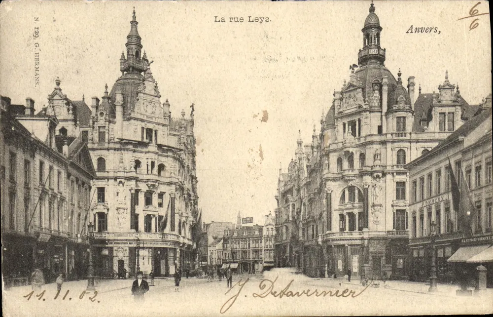 La rue Leys — vue de bâtiments historiques à Anvers — éditeur G. HERMANS, n° 129 - Frente