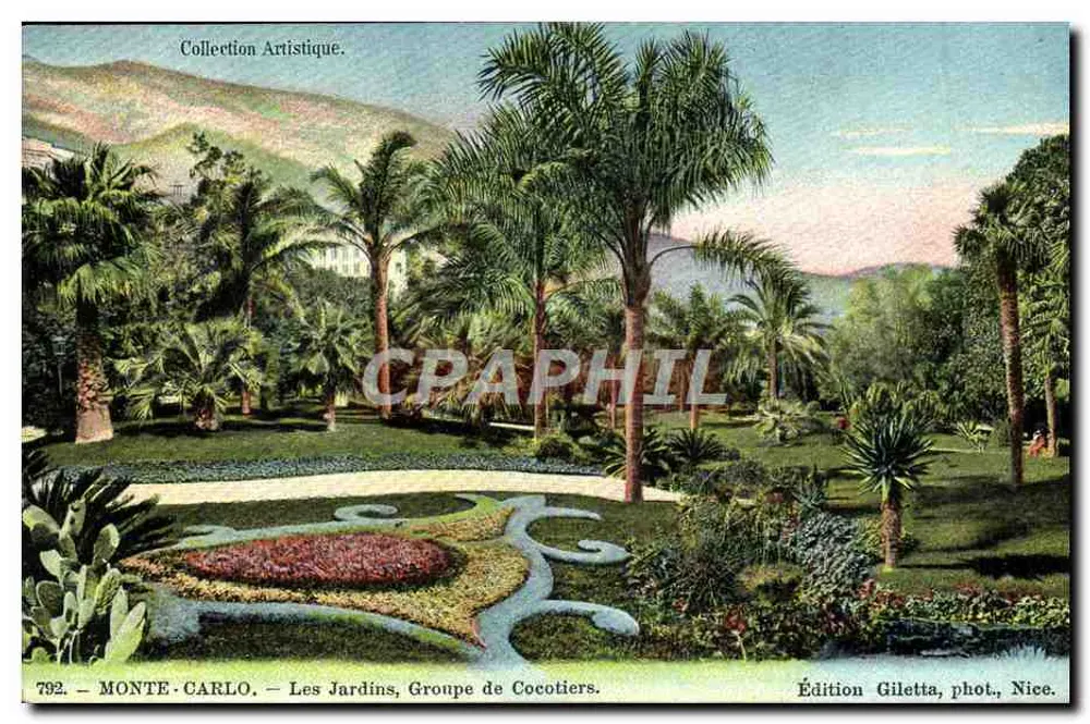 Monte-Carlo — Os Jardins, Grupo de Cocoteros — Edição Giletta, fot., Nice. - Frente