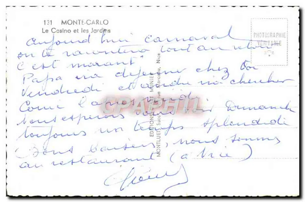 Monte-Carlo — Ansicht des Casinos und der Gärten — Éditions Munier, Nr. 131 - Rückseite