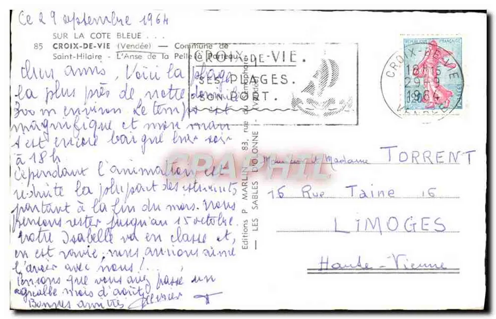 Croix-de-Vie — Anse de la Pelle — Editions P. Marlin - Rückseite