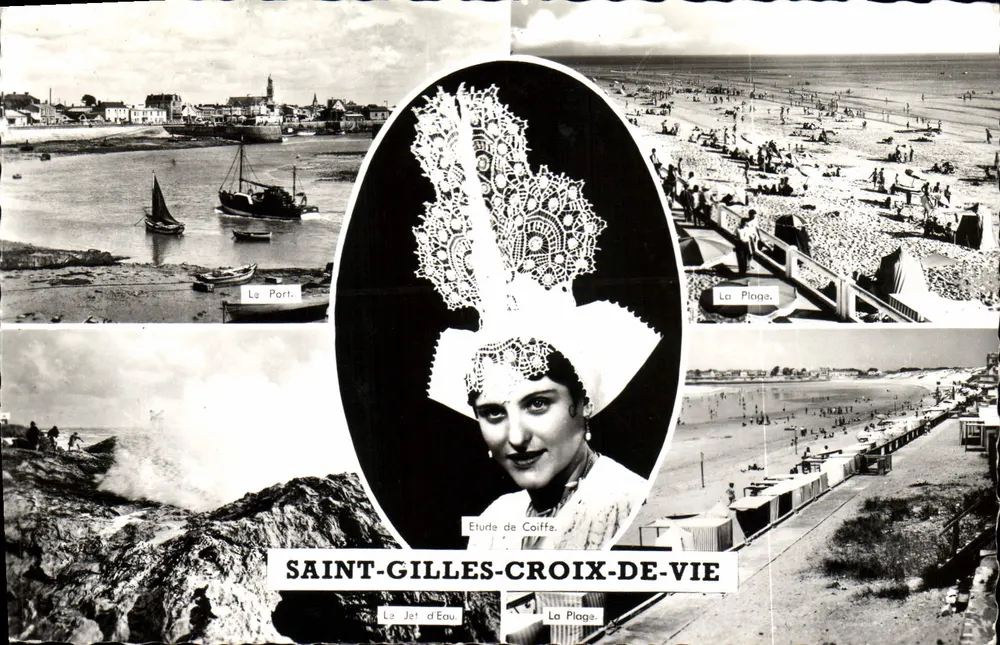 Saint-Gilles-Croix-de-Vie — vista panorâmica do porto, da praia e do jato d'água — editor Artaud Frères, Nantes - Frente