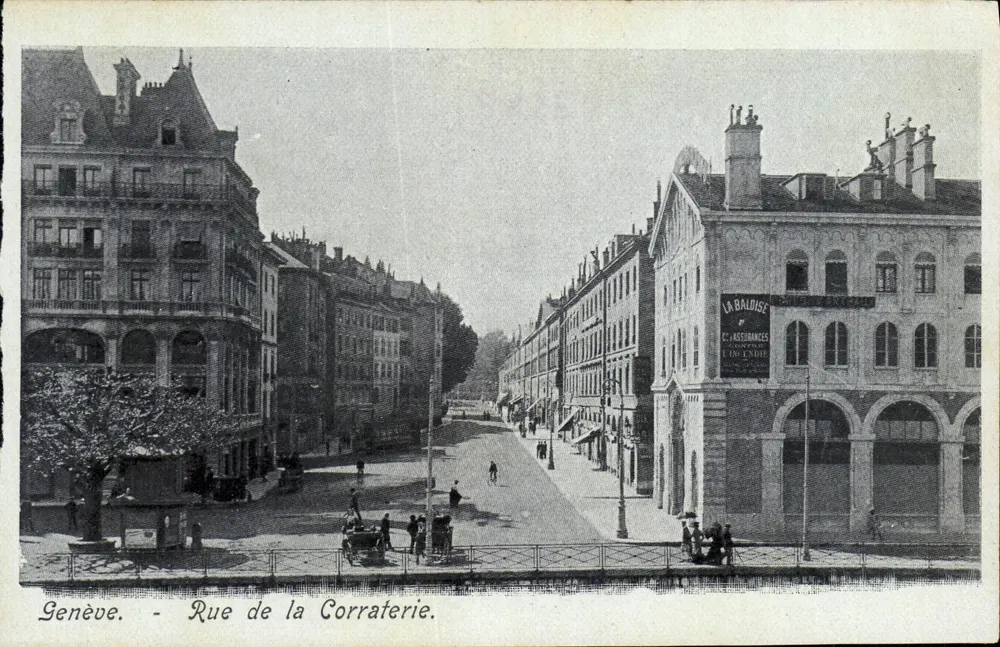 Genebra - Rue de la Corraterie — vista urbana com edifício da La Baldoise - Frente