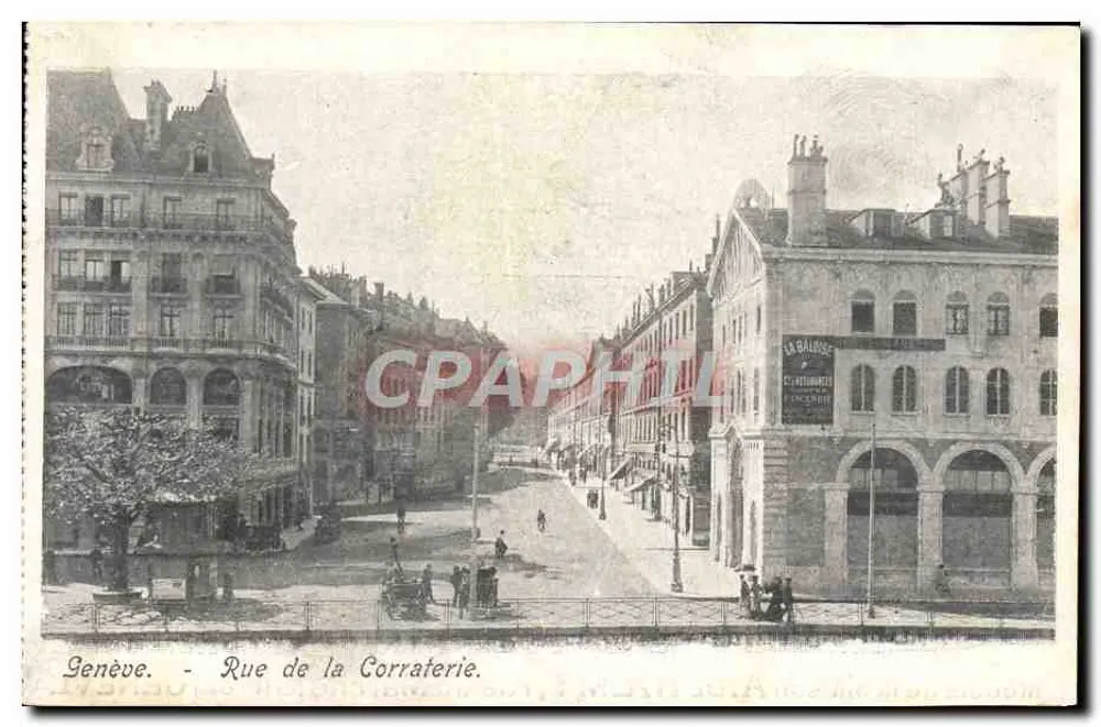 Genebra — Rue de la Corraterie — vista urbana com edifício com arcadas e sinal 'La Baulise' - Frente