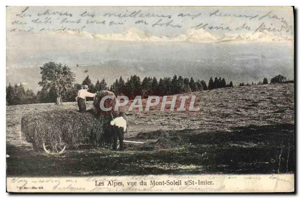 Les Alpes, vue du Mont-Soleil s/St-Imier — vue de paysage avec deux hommes à côté d'un chariot chargé de foin, éditeur J. Ri - No. 68 - Vorderseite