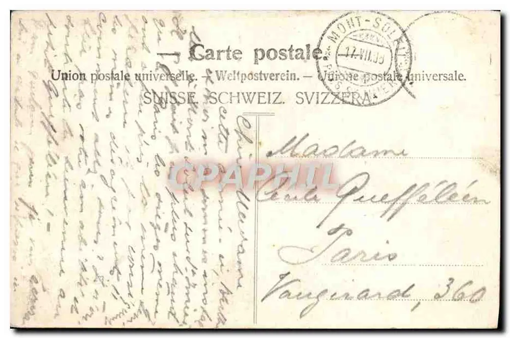 Les Alpes, vue du Mont-Soleil s/St-Imier — vue de paysage avec deux hommes à côté d'un chariot chargé de foin, éditeur J. Ri - No. 68 - Rückseite
