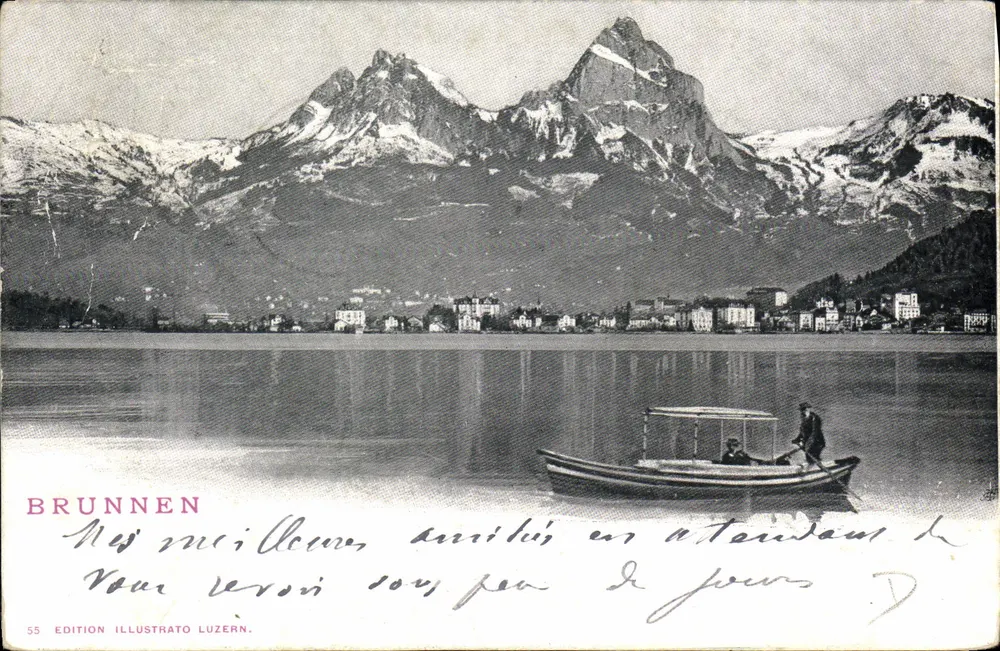 Brunnen — vue du lac avec montagnes enneigées — Édition Illustrato Luzern, n° 55 - Recto