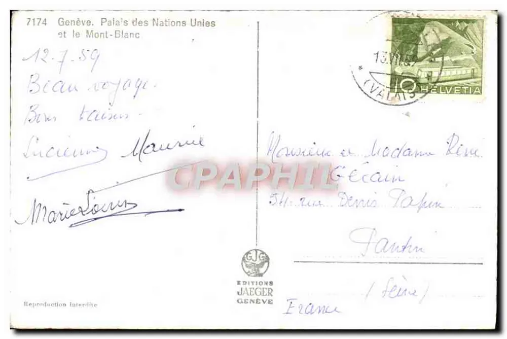 Genf. Palast der Vereinten Nationen und Mont-Blanc — Edition Jaeger, Nr. 7174 - Rückseite