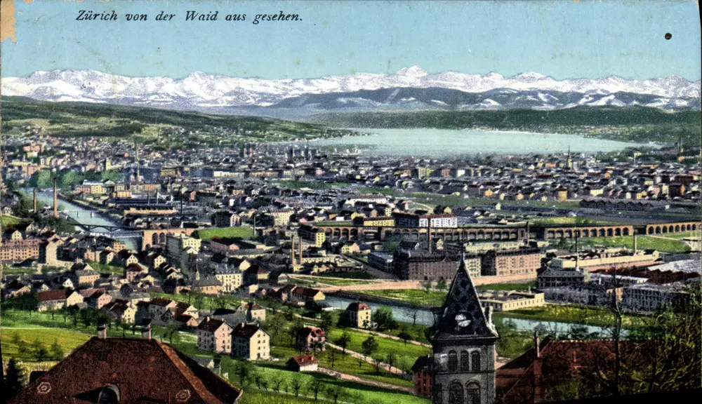 Zürich von der Waid aus gesehen — Panoramablick mit dem See und den schneebedeckten Alpen — Verlag nicht sichtbar - Vorderseite