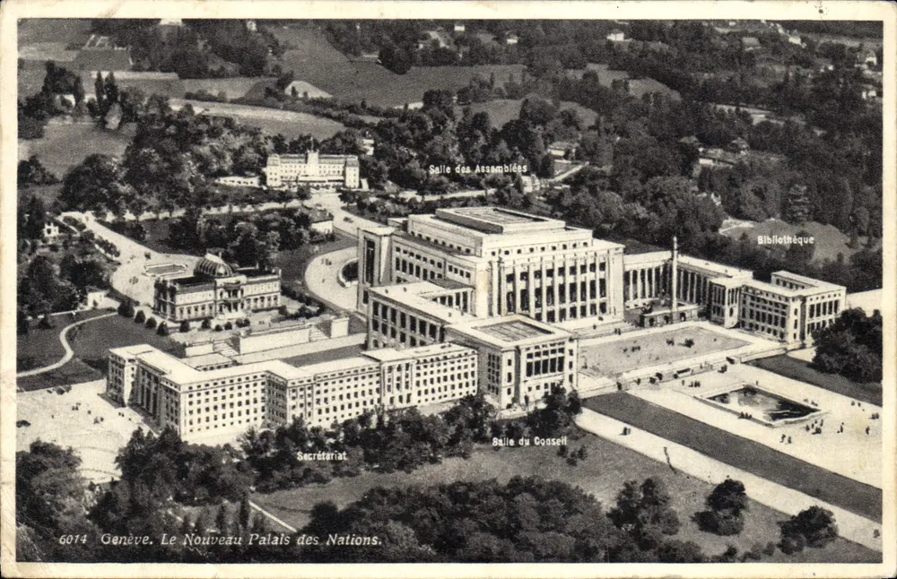 Genève. Le Nouveau Palais des Nations — vue aérienne avec légendes des bâtiments (éditeur JAEGER, n° 6014) - Vorderseite