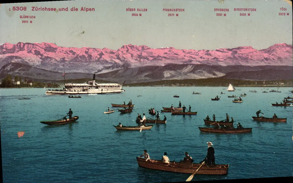 Zürichsee und die Alpen — Panoramablick mit Bergen und Booten — Edition Photoglor, Zürich - Vorderseite