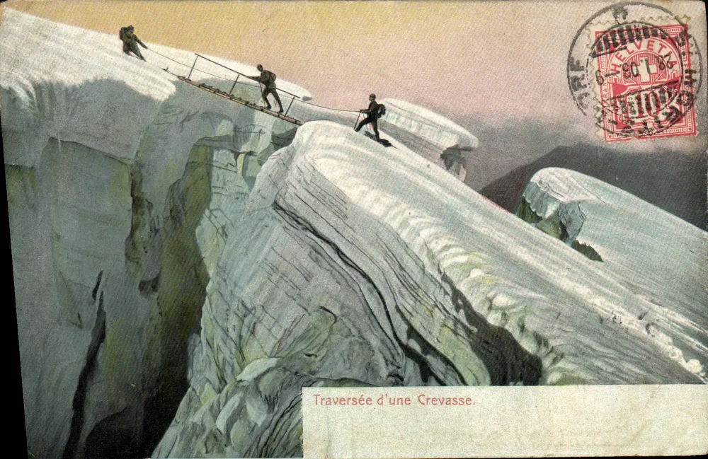 Überquerung einer Schneewehe — Bergsteiger auf einer Brücke — Gebr. Wehrli, Zürich, n°6007 - Vorderseite