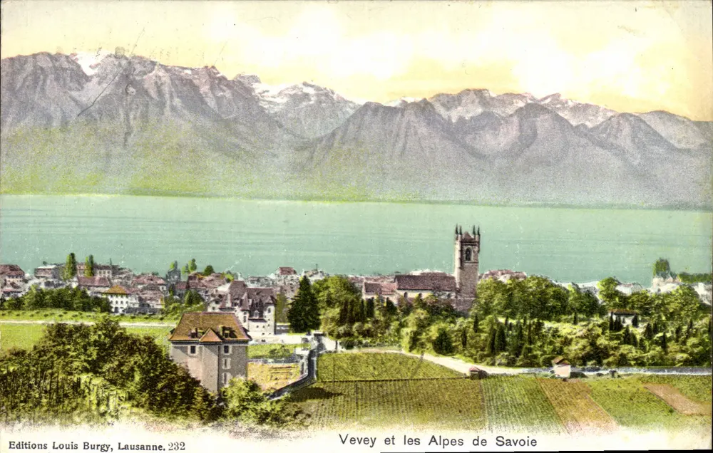 Vevéy und die Alpen der Savoyen — Ansicht des Sees Léman und der Berge — Éditions Louis Burgy, Lausanne, n°232 - Vorderseite