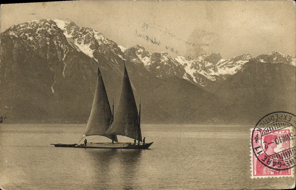 Barco a vela no lago — montanhas nevadas — J. J. 6369, Jullien frères, Genebra - Frente