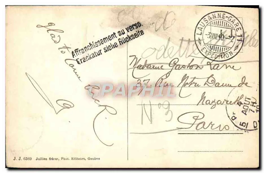 Barco a vela no lago — montanhas nevadas — J. J. 6369, Jullien frères, Genebra - Verso