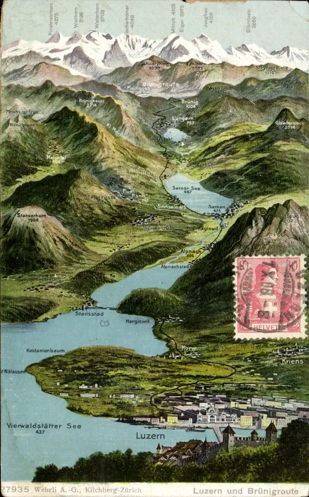 Luzern und Brünigroute — vista panorâmica das Alpes suíças — editor Wehrli A.-G., Kilchberg-Zürich, n° 27935 - Frente