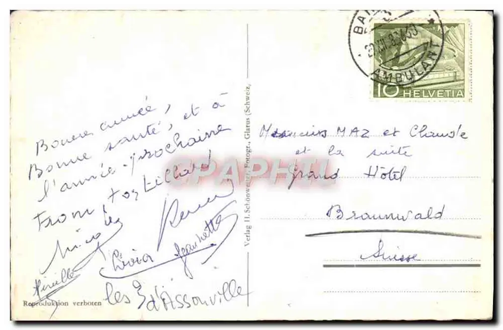 Hausstockkette — schneedeckte Chalets — Verlag II. Schonweitzer, Frogr. (Schweiz) n° 2721 - Rückseite
