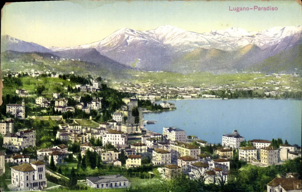 Lugano-Paradiso — vista panorâmica do lago com montanhas nevadas — Edição H. Sugbenheim & Co., Zürich 12424 - Frente