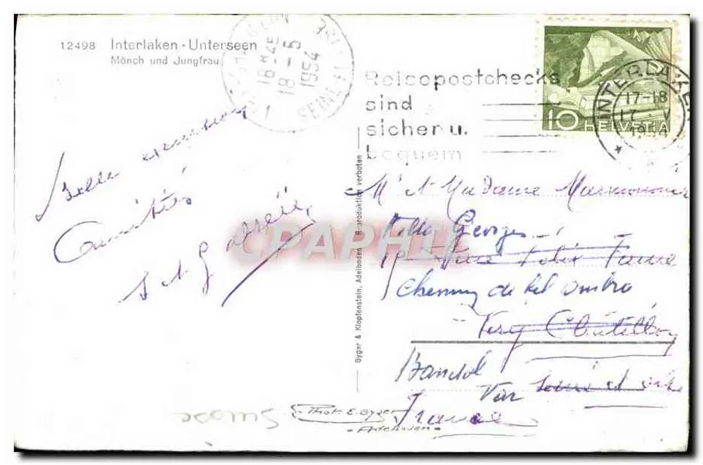 Interlaken - Unterseen — vista de las montañas — editor G. Giger & Kopfstein, n° 12498 - Reverso