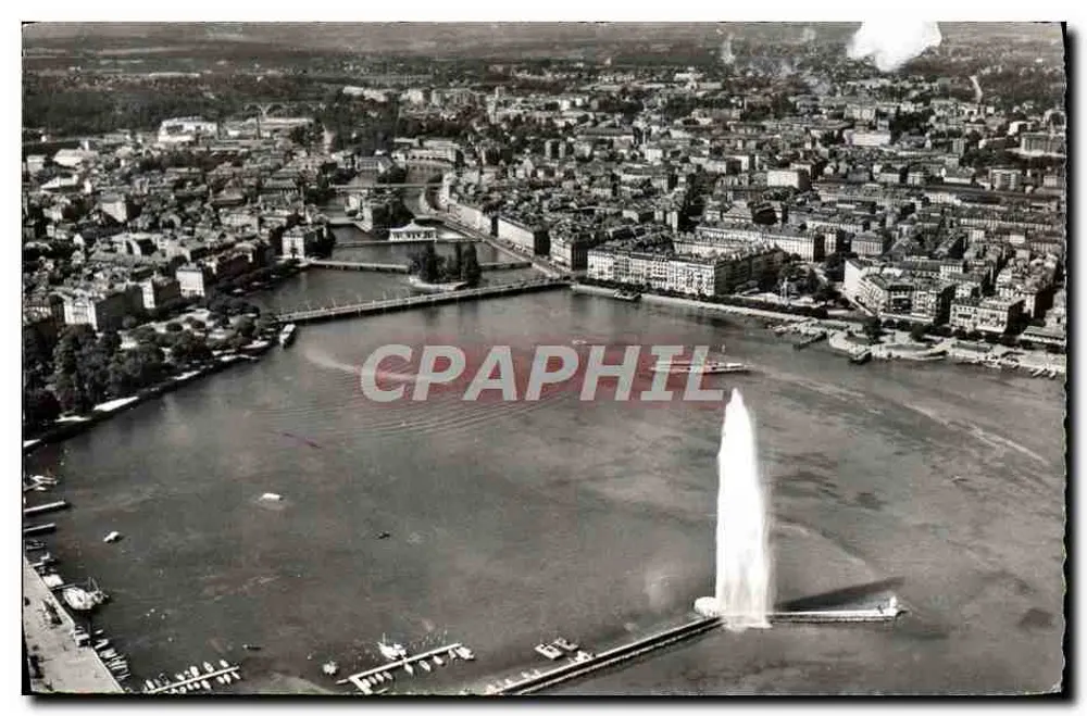 Genf — Luftbild des Jets d'Eau, der Hafen und die Stadt — Éditions Jaeger - Vorderseite