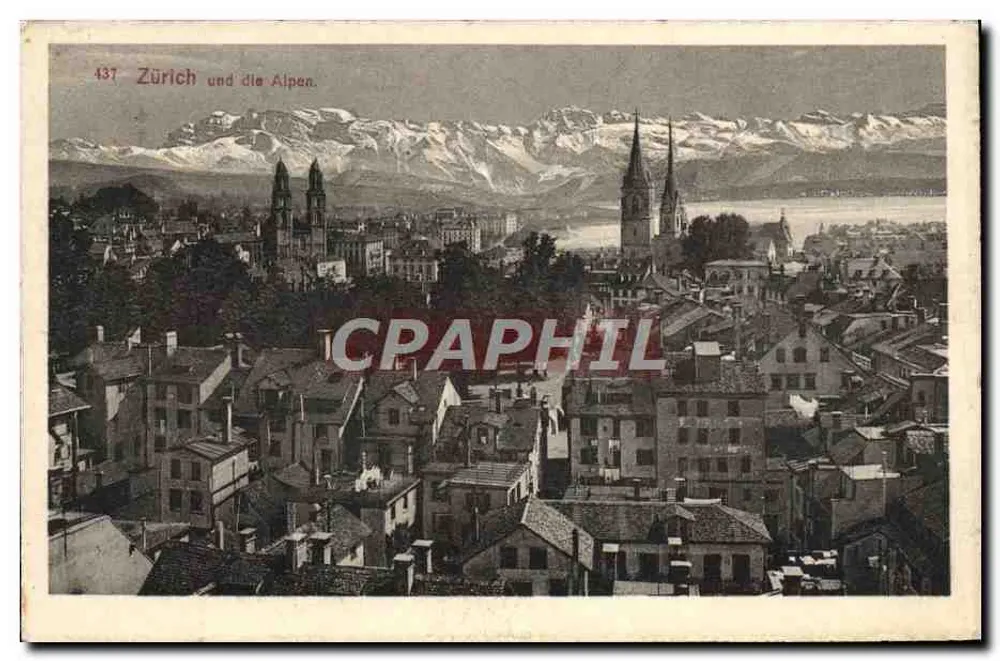 Zurique e as Alpes — vista panorâmica — editor Photo- und Karten Centrale Zürich, n° 437 - Frente