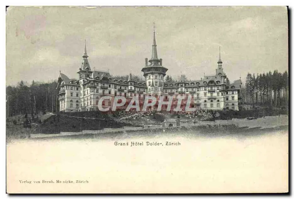 Grand Hôtel Dolder, Zürich — vista do edifício e do jardim — Verlag von Hernuh, Meinecke, Zürich - Frente