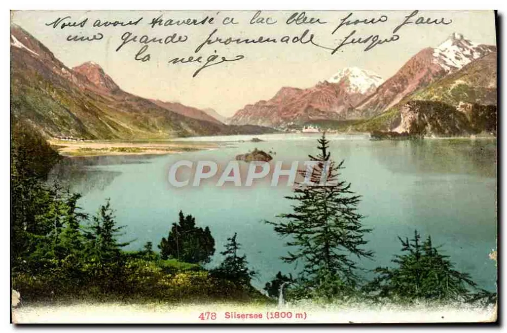 Lac Silsersee — vue panoramique avec montagnes enneigées — Édition Photoglob Co., Zürich, n° 478 - Frente