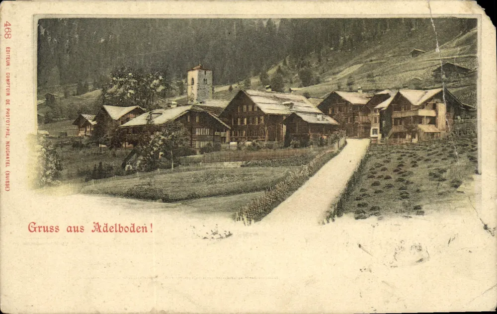 Adelboden — village enneigé avec église et maisons traditionnelles — Éditeur Compagnie de Photographie, Nelschwil (Suisse), n° 468 - Frente