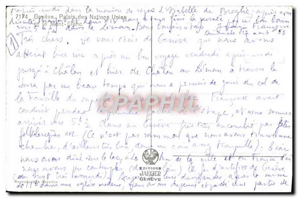 Genf, Palast der Vereinten Nationen und Mont-Blanc — Editions Jaeger, n° 7174 - Rückseite