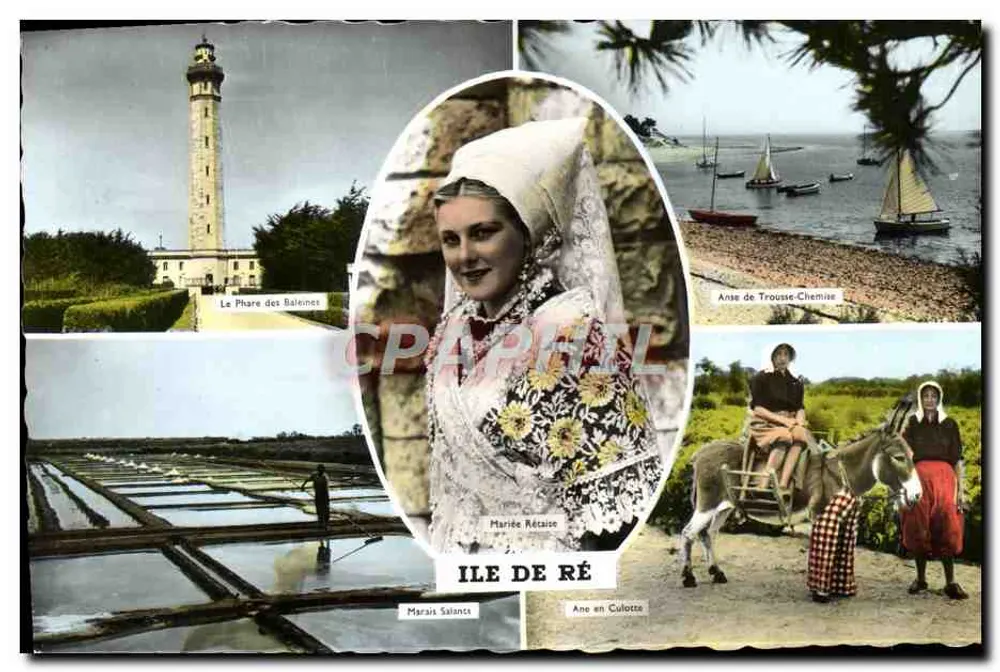 Île de Ré — Leuchtturm der Baleinet, Anse de Trousse-Chemise, Salzseen, Marie Récaise, Esel in Hosen — Editions Gaby - Vorderseite