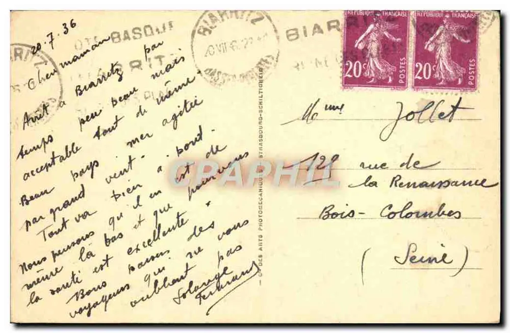 Biarritz — Denkmal der Toten und der Felsen der Jungfrau — Verlag: Cie des Arts Photographiques, Nr. 154 - Rückseite