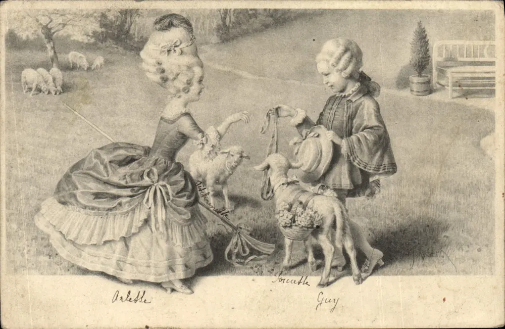 Zwei Kinder in historischem Kleidungsstück mit Schafen — Verlag J. Savater, Nr. 1848 - Vorderseite