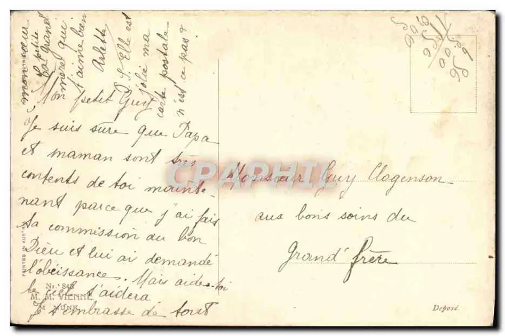 Zwei Kinder in historischem Kleidungsstück mit Schafen — Verlag J. Savater, Nr. 1848 - Rückseite