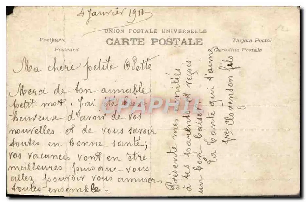 Der Beschützerengel — Szene eines Engels, der zwei Kinder auf einer Holzbrücke schützt — Verlag A.N. Paris, n° 978 - Rückseite