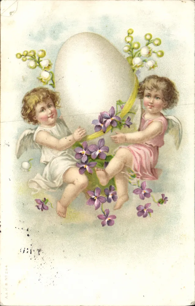 Deux anges jouant avec un grand œuf — décoré de violettes et de muguets — éditeur A & B N° 284 - Vorderseite