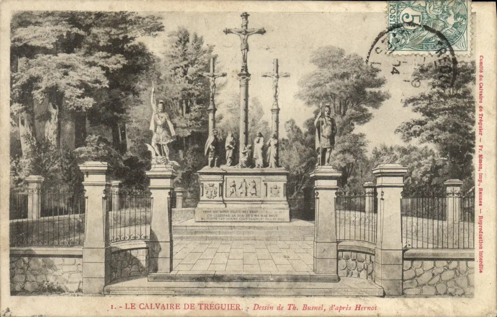 O Calvaire de Tréguié - Desenho de Th. Busnel, segundo Hernot - Fr. Simon, Imp. Rennes - Frente