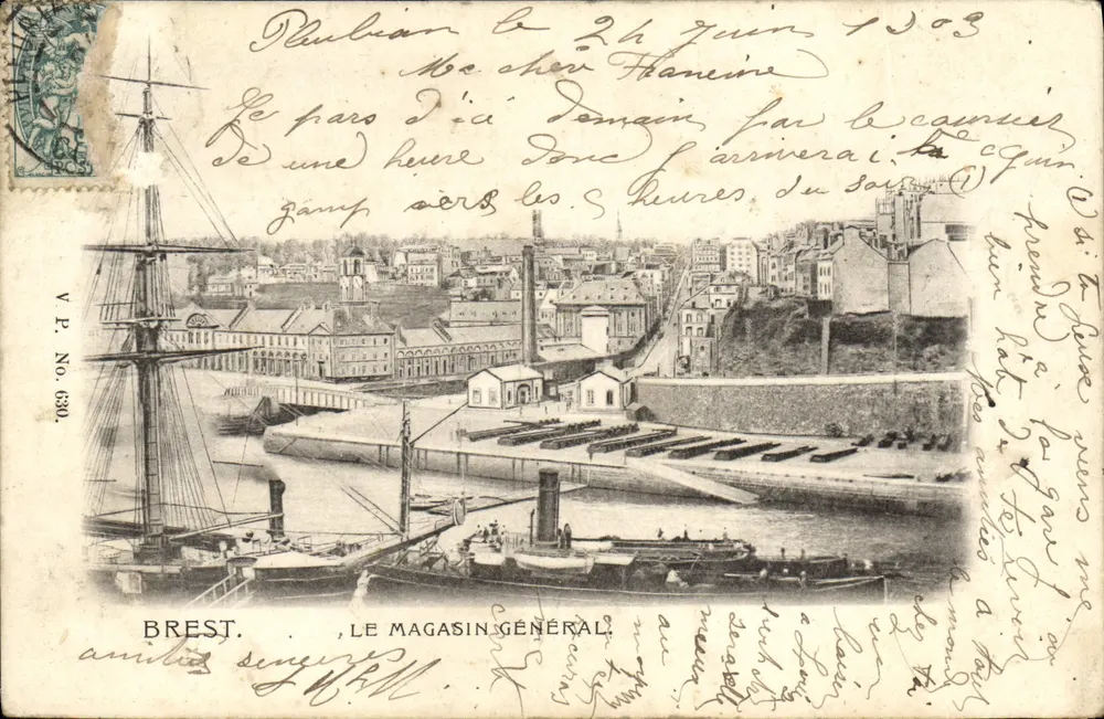 Brest. O Magasin Général — vista portuária com navio a vela e vapor — editor V.P. No 630 - Frente
