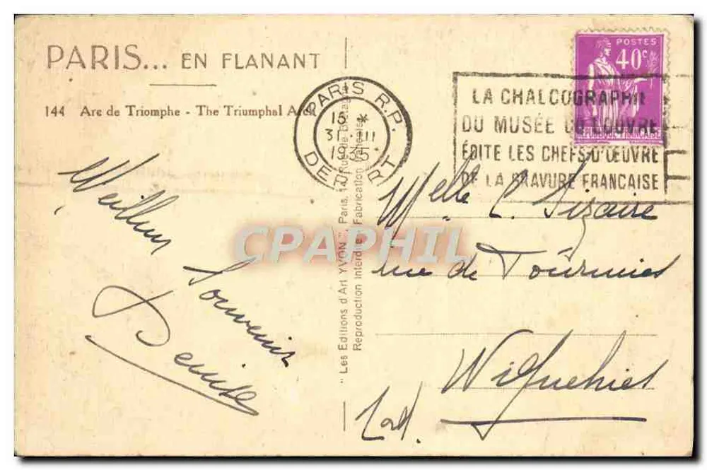 Arco do Triunfo — Paris — Edições de Arte Yvonn - Verso