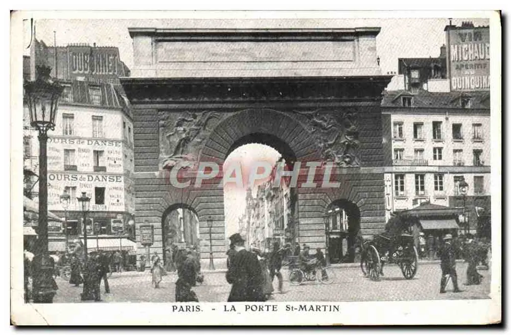 Parijs - De Poort Saint-Martin — stadsuitzicht met reclameborden en verkeer — uitgever Schneider & Cie, Parijs - Voorkant