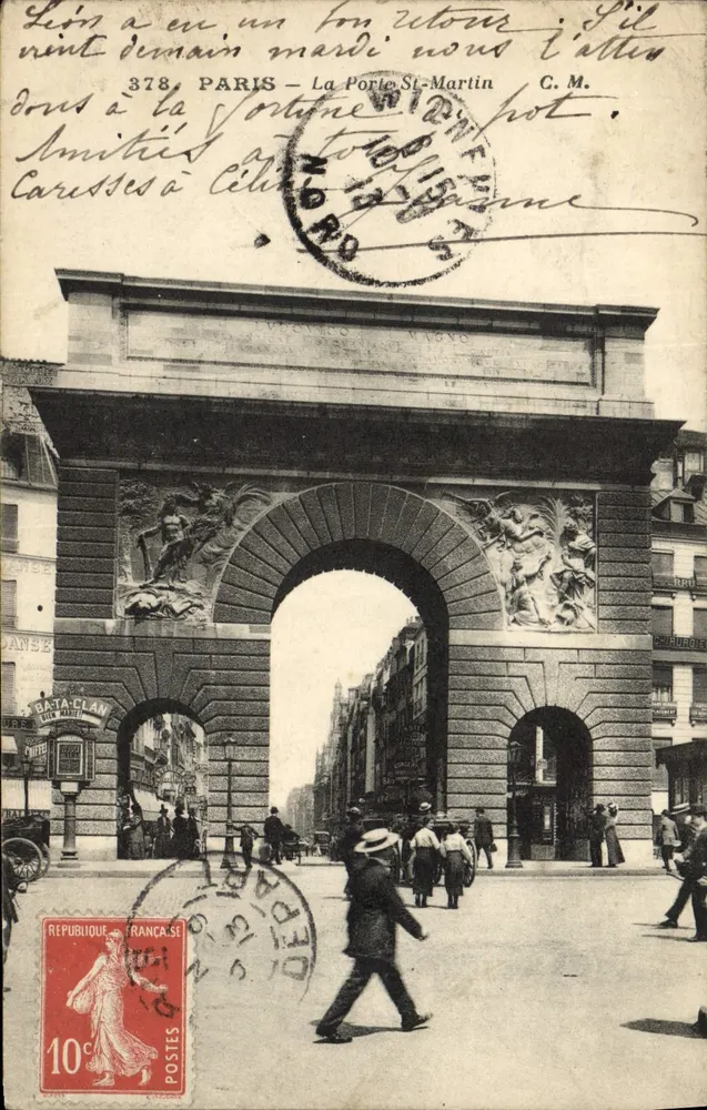 Paris — A Porta Saint-Martin — editor desconhecido, n° 378 - Frente