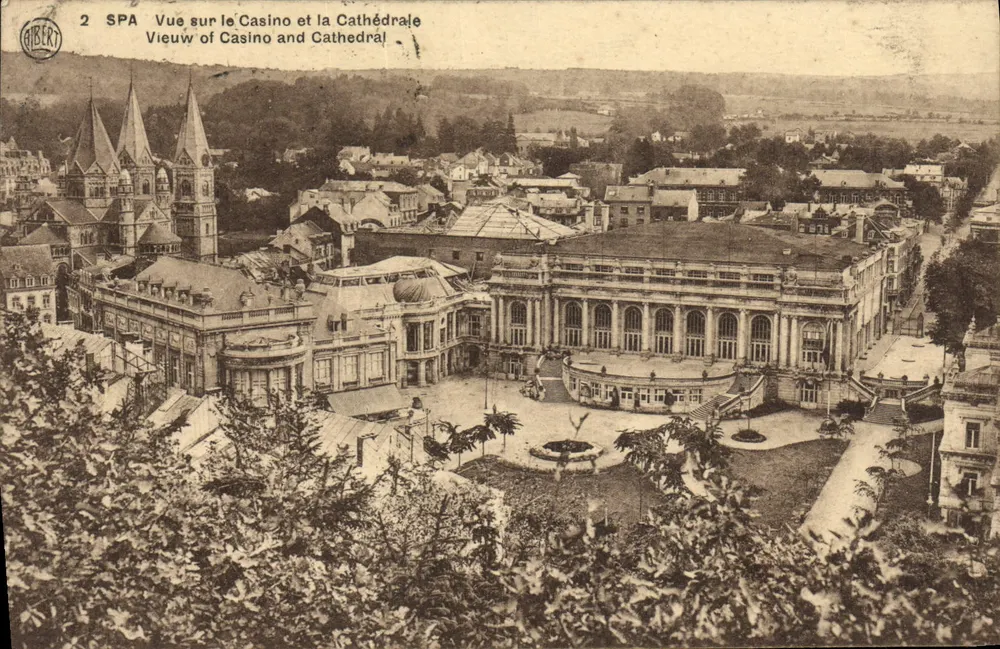 Spa — Ansicht des Casinos und der Kathedrale — Edition Librairie R. Decony, Rue Albin Bodry, Spa - Vorderseite
