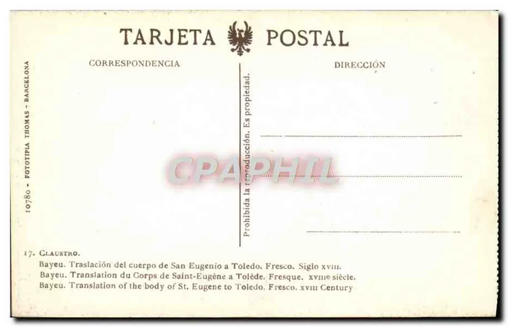 Übersetzung des Körpers des Heiligen Eugenius nach Toledo — Fresko des 18. Jahrhunderts — Bayeu — Postkarte 10780 - Rückseite