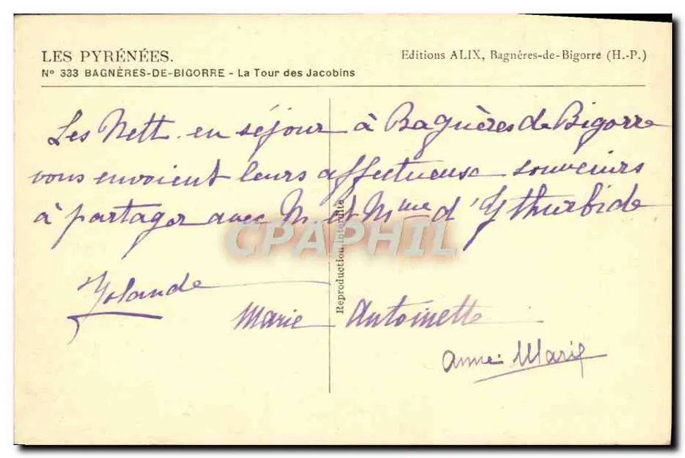 Bagnères-de-Bigorre — La Tour des Jacobins — Éditions ALIX, N° 333 - Rückseite