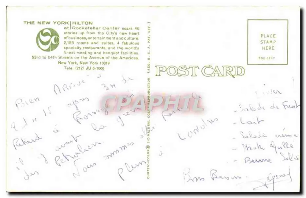 Hotel Hilton New York — Rockefeller Center — editor Curtechcolor, n° SDR-1107 - Verso