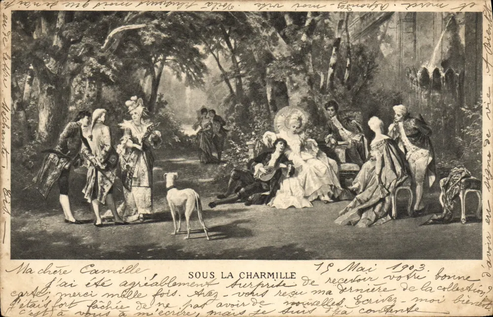 Sob a Charmille — cena de jardim com personagens em traje da época — editor não identificado, número de série não visível - Frente