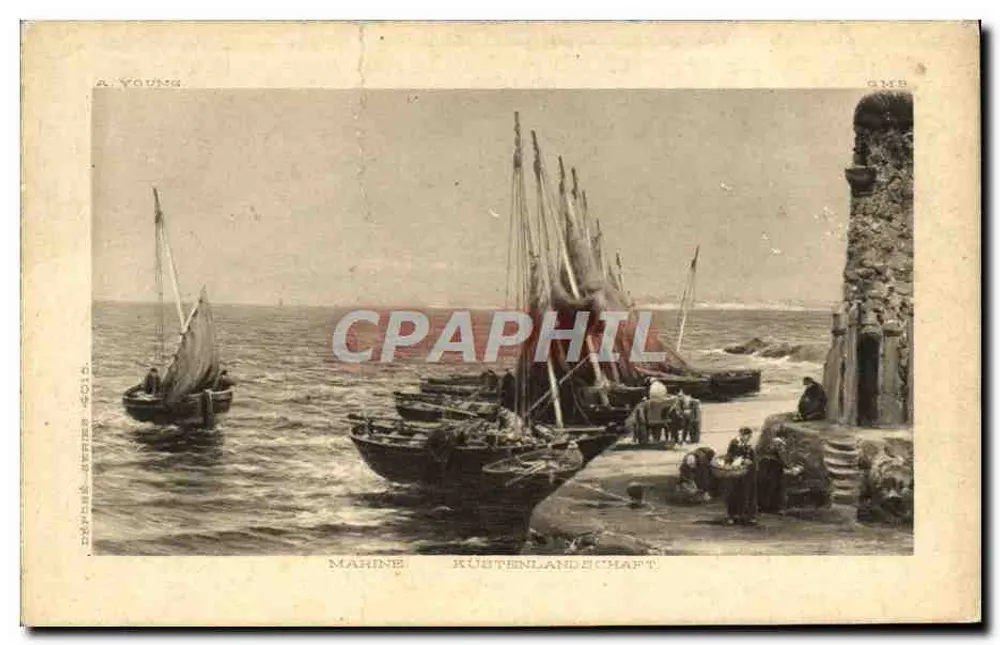 Scène maritime — côtes avec bateaux et tour — éditeur A. YOUNG GMB - Frente