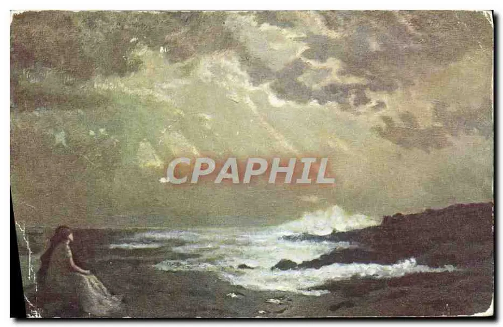 Femme assise au bord de la mer — scène nocturne — éditeur SIBS, A. Malignon, Paris - Awers