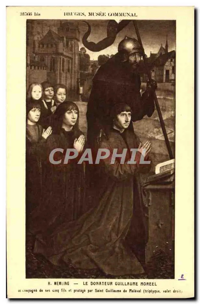 Brügge, Gemeinde-Museum — H. Memling — Der Stifter Guillaume Moreel mit seinen fünf Söhnen und geschützt von Saint Guillaume von Maléval (Triptychon, rechter Flügel) - Vorderseite
