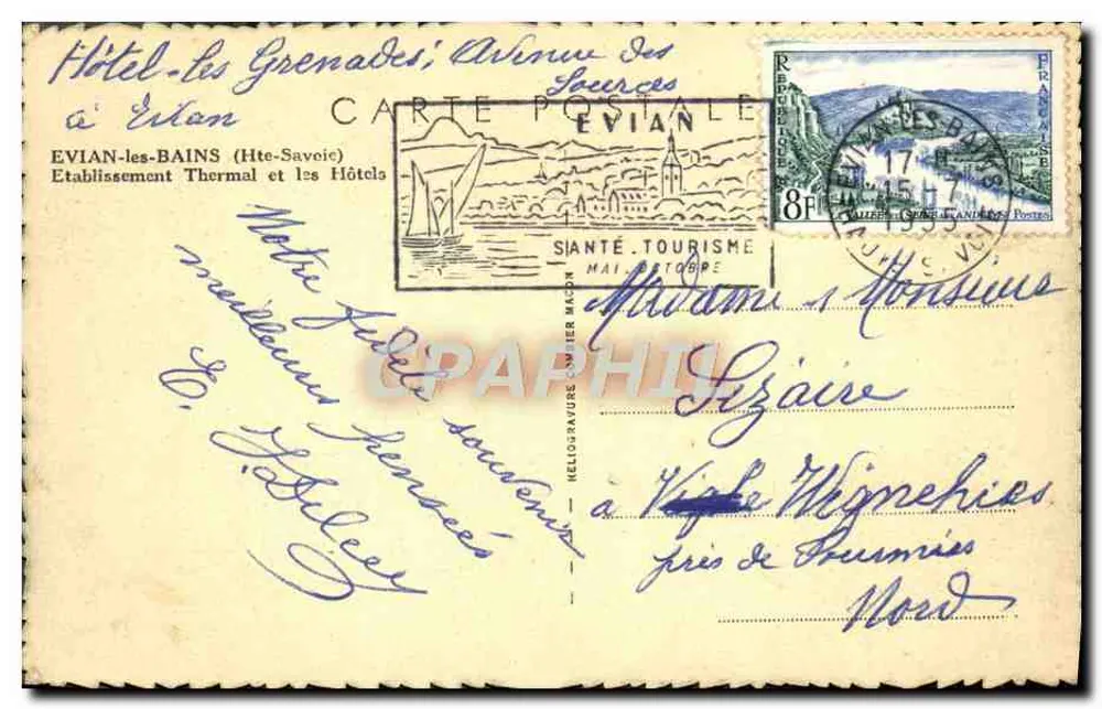 Évian-les-Bains — Hotel Les Grenades, Kurort — Verlag: Hellographie - Rückseite
