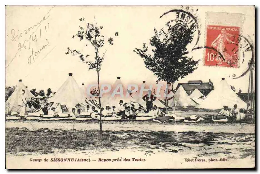 Camp de SISSONNE (Aisne) — Repos près des Tentes — Ruet frères, phot.-édit. - Vorderseite