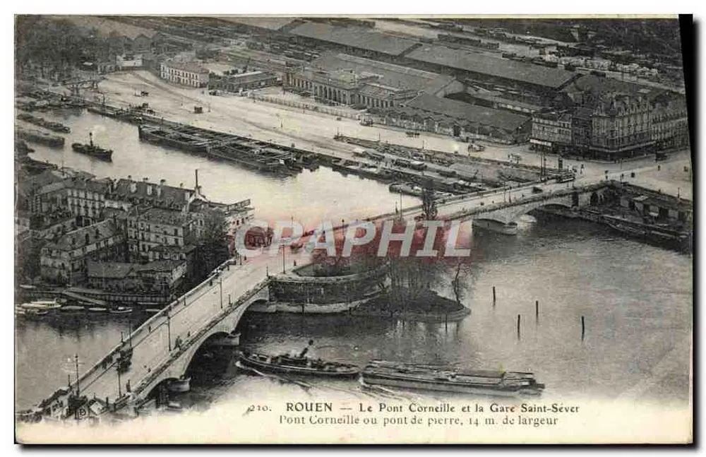 Rouen — Der Pont Corneille und die Gare Saint-Séver — Steinbrücke, 14 m. breit - Vorderseite